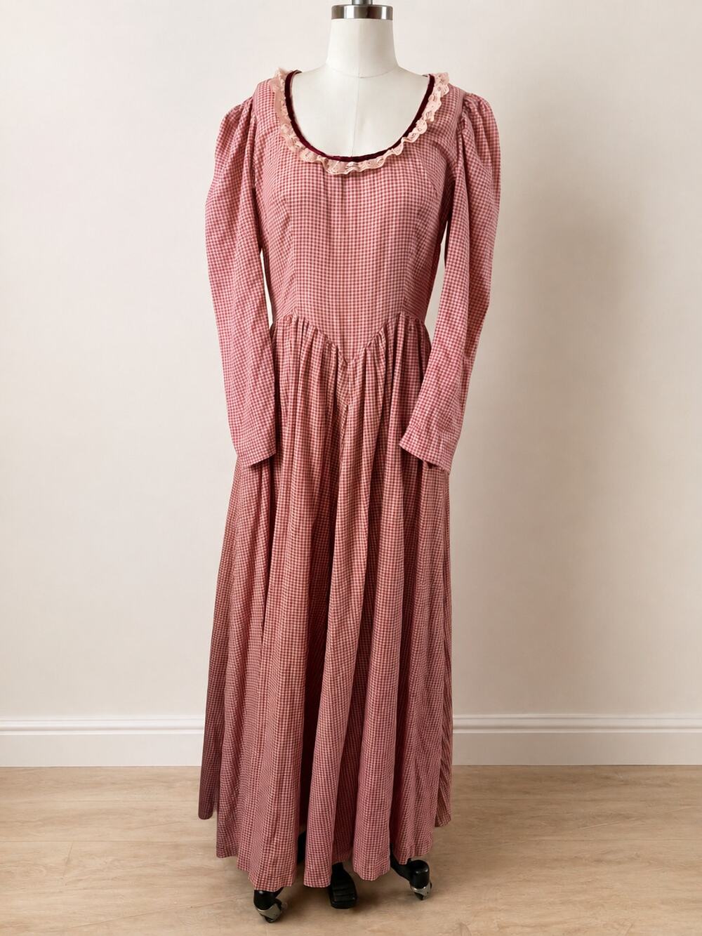 70s Handmade Red Gingham Prairie Maxi Dress Medium Cottagecore Pioneer Dress